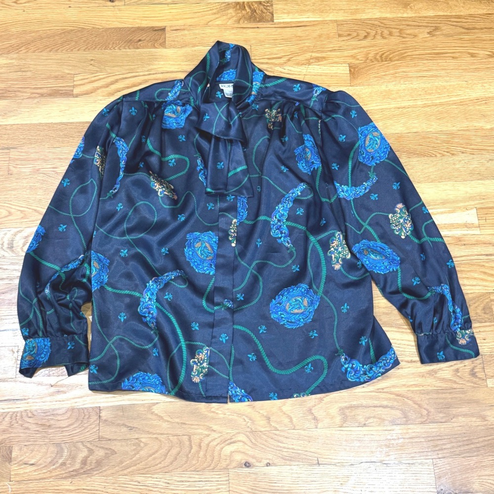 Koret Vintage 80s Navy Blue Equestrian Rope Floral Blouse Size 10